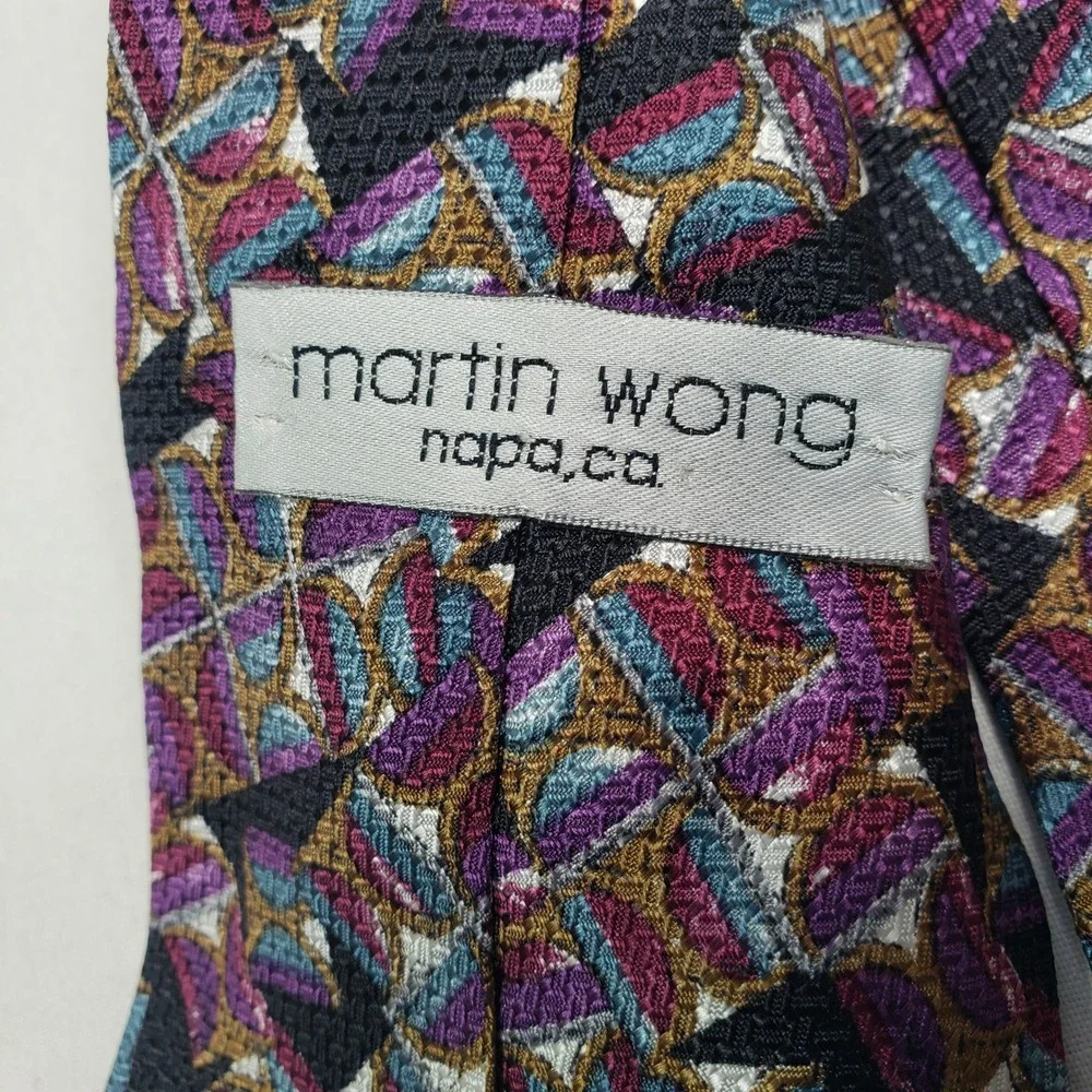 Martin Wong Mens Silk Geometric Abstract Necktie OS Purple Teal Gold‎